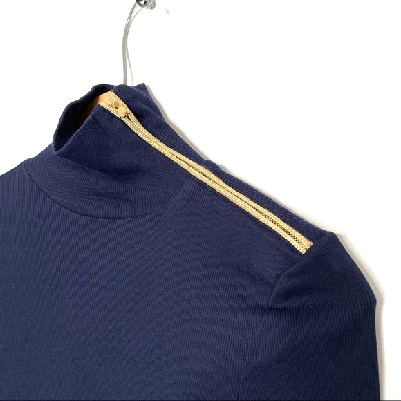 Lauren Ralph Lauren | Navy Blue Ribbed Turtleneck With Gold Zipper - Picture 6 of 9